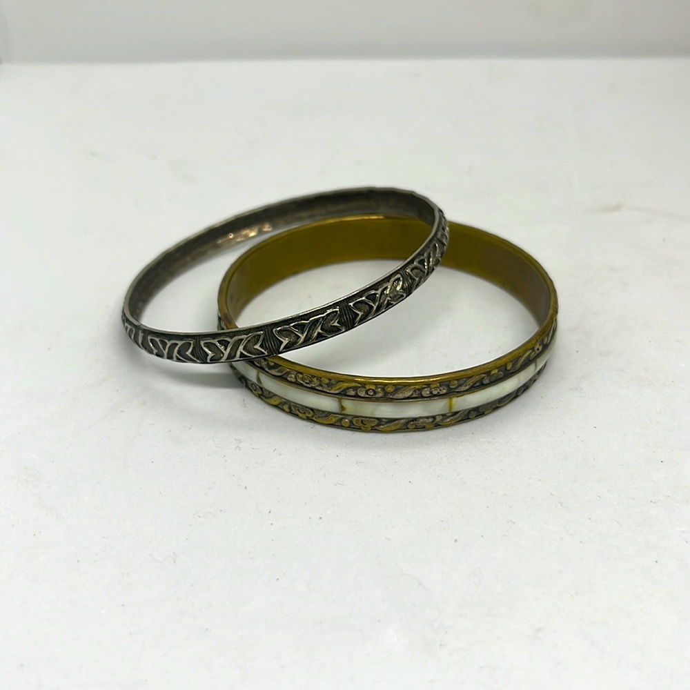 Vintage Silver Metal and Shell Inlay Bangle Bracelets
